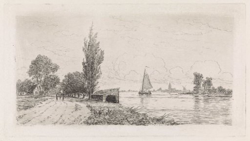 River landscape with a sailing ship