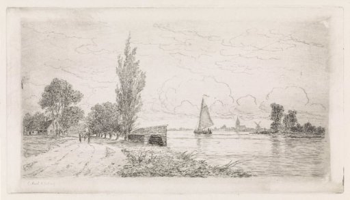 River landscape with a sailing ship