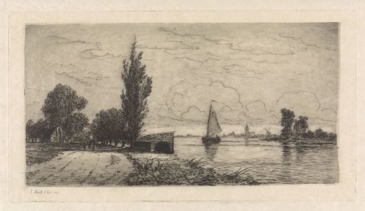 River landscape with a sailing ship