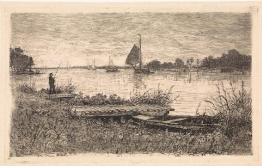 River landscape with a fisherman on a jetty