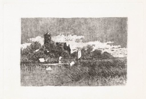 View of the Saint Urbanus Church at Bovenkerk with a small sailing boat on the water