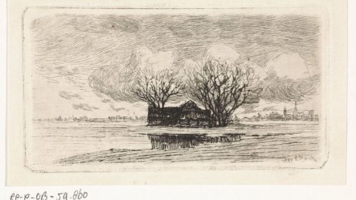 Farm under two trees with a city on the horizon