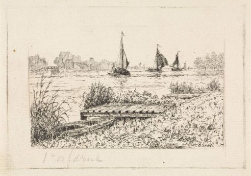 View of a river with three sailing ships