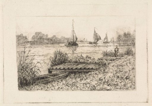 View of a river with three sailing ships