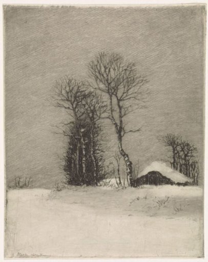 Winter landscape with a farm and trees