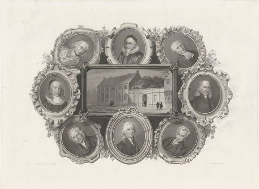 Academy building at Leiden and portraits of Leiden professors