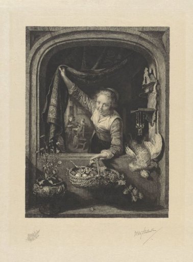 Woman with a fruit basket in a window