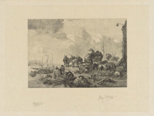 Harbour with horses on the shore