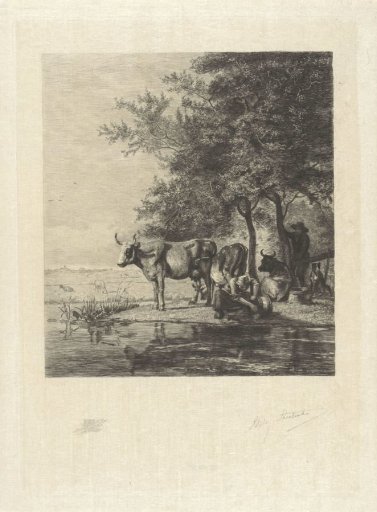 Landscape with cows and a woman washing a bucket