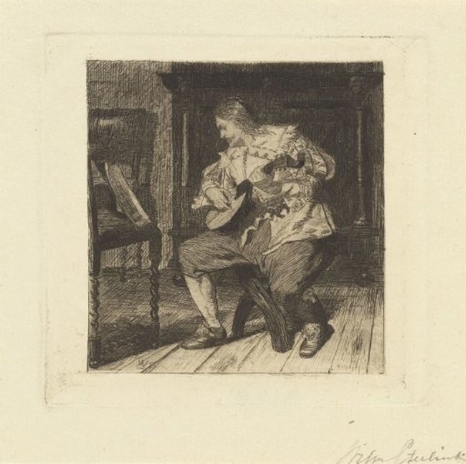 Lute player reading from sheet music