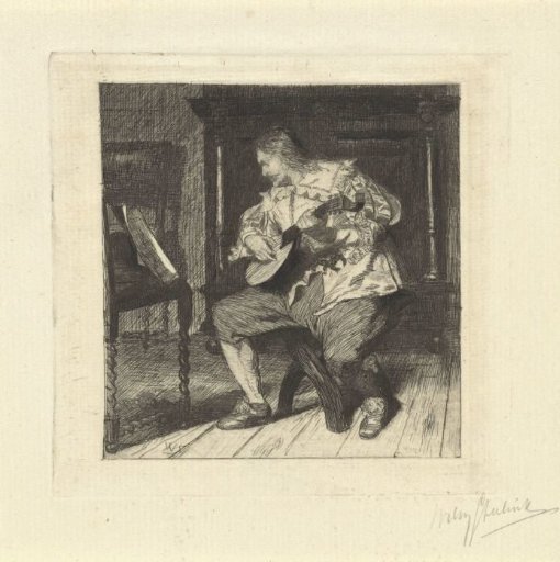 Lute player reading from sheet music
