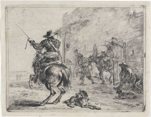 Rearing horse near a stable