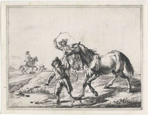 A boy leading a horse to the water