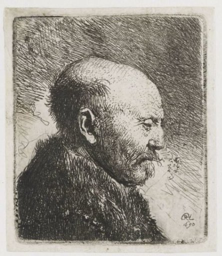 Bald headed man in profile right: small bust, the artist's father (?)
