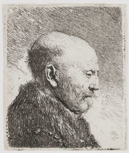 Bald headed man in profile right: the artist's father (?)
