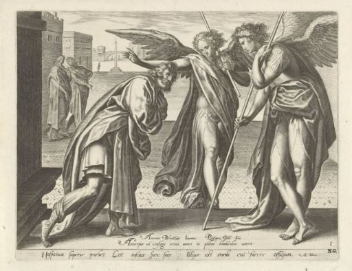 Lot meets the two angels at the gate of Sodom