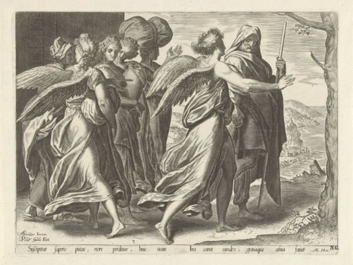 The angels lead Lot and his wife and daughters out of Sodom