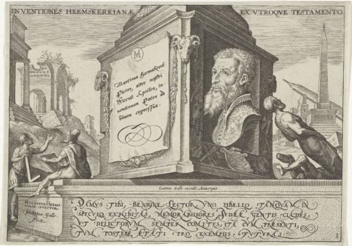 Portrait of Maarten van Heemskerck on the pedestal of a column