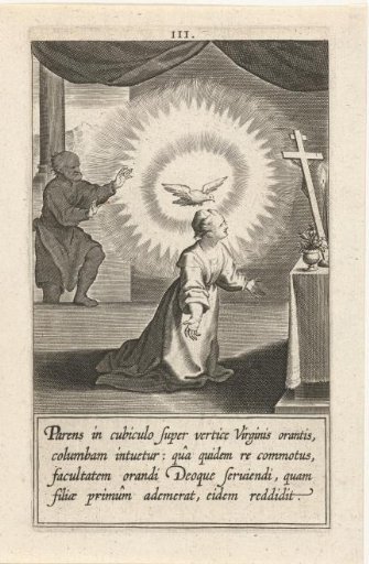 Catherine in prayer with a dove above her head