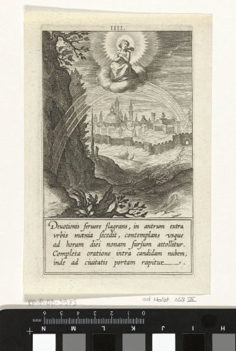 Catherine seated on a cloud above a rainbow