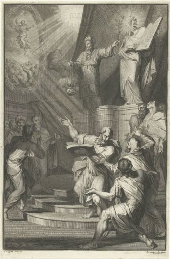 Aaron and the veiled Moses present the Israelites with the tables of the law