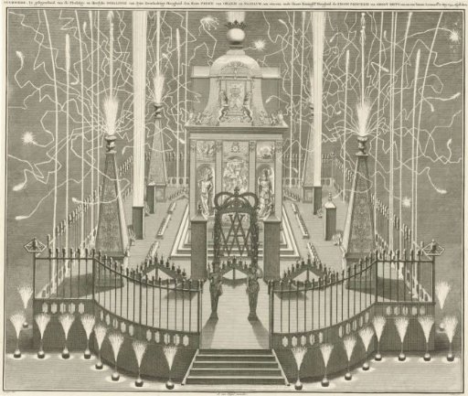 Fireworks in Leeuwarden at the arrival of the newly married couple Prince William IV and Anna of England, 1734