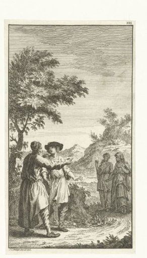 Forest path with an old man showing the way to a young man