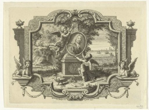 Two putti attaching a portrait of Pieter Rabus to a memorial