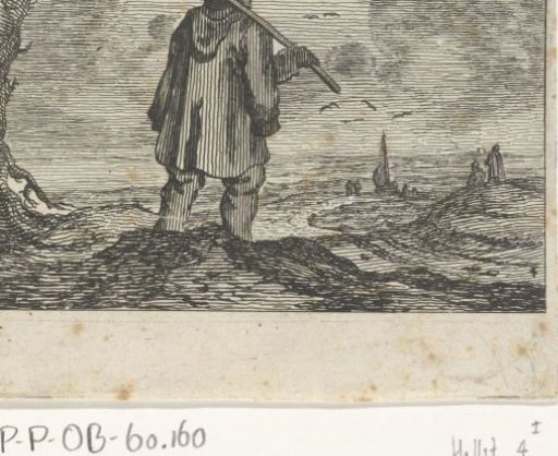 Dune landscape with a man, with a staff on his shoulder
