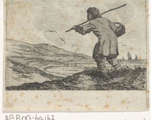 Dune landscape with a man, with a basket on his arm