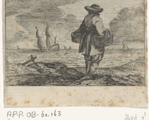 Dune landscape with a man, with two baskets on his arm