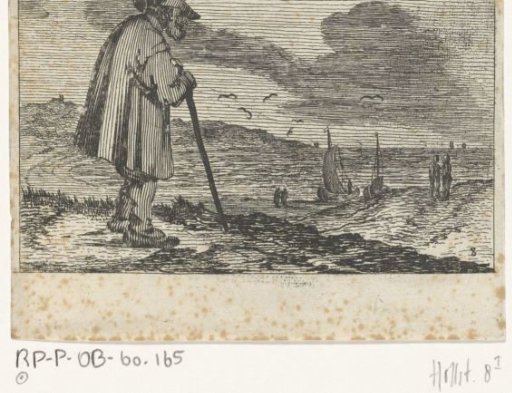 Dune landscape with an old man, leaning on a walking stick