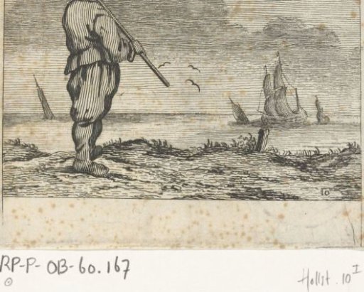 Dune landscape with a man, looking at a ship
