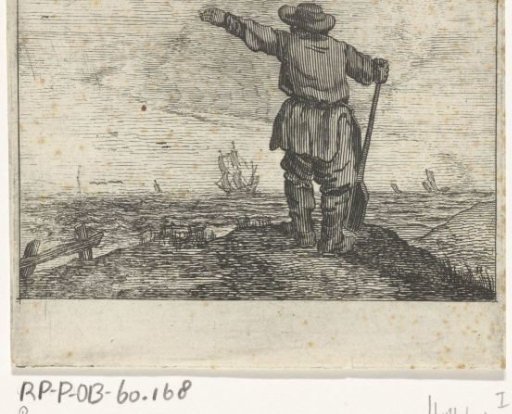 Dune landscape with a waving man, leaning on a shovel
