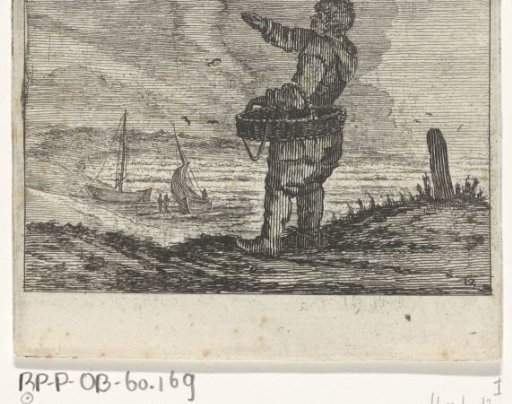 Dune landscape with a waving man, basket on his arm