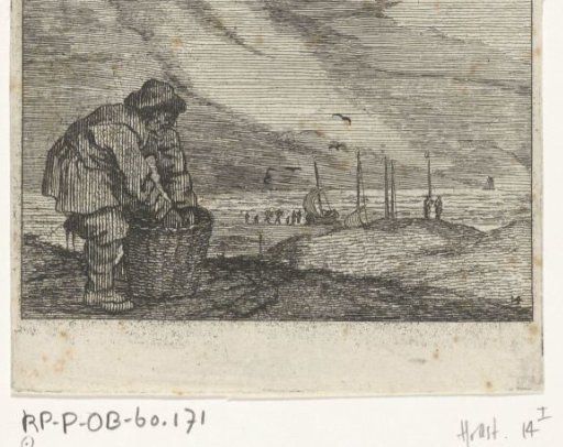 Dune landscape with a man reaching into a basket