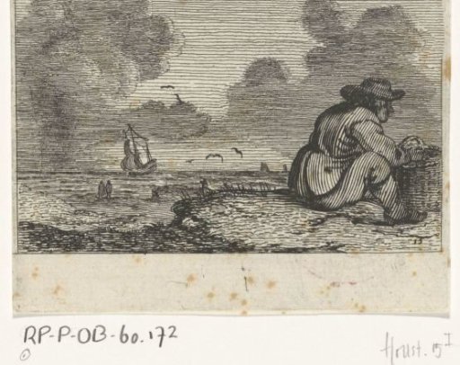 Dune landscape with a seated man by a basket