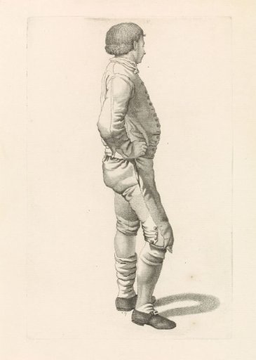 Standing man with hands on hips, in profile