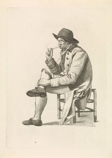 Pipe-smoking man sitting on a stool