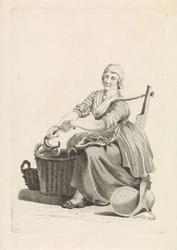 Fishwoman sitting by a basket of eels