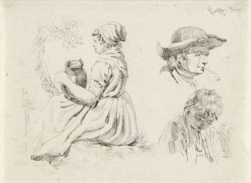 Seated Woman with a Ewer, Portrait of a Man with a Pipe and a Boy