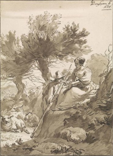 Landscape with shepherd and shepherdess and their sheep