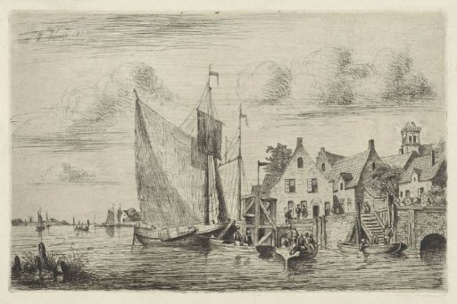 Sailing ships and skiffs at the quay near a village