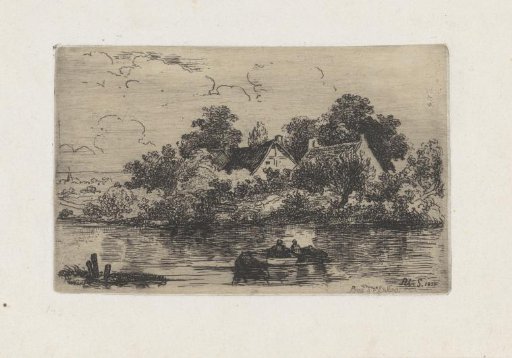 Landscape with water and houses on the bank near Elsloo