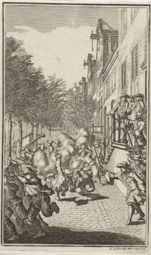 Civic Guard drives away the rioters during the Aansprekers Uprising, 1696