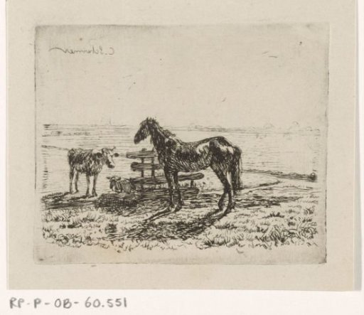 Meadow with a horse and two cows