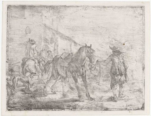 Urinating horse held by the reins