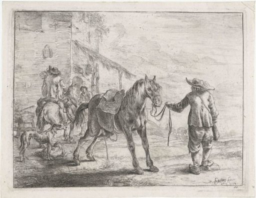 Urinating horse held by the reins
