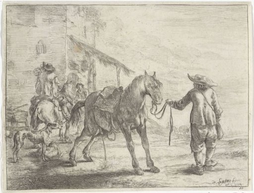A horse urinating held by the reins