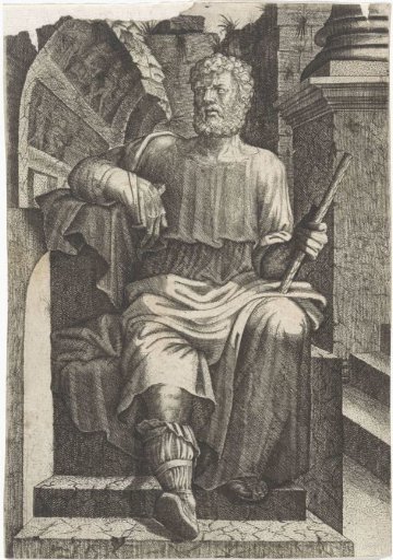 Roman general seated before some ruins